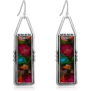 Red Handmade Bohemian Tribal Retro Colorful Square Bar Dangle Drop Earring